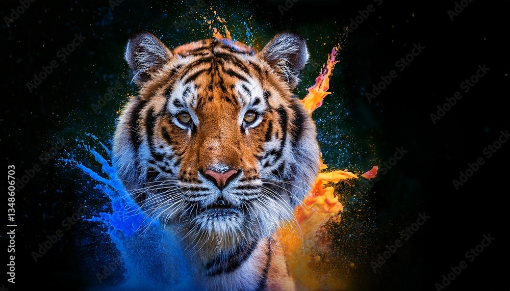 Naklejka premium tiger in paint splash vibrant colorful