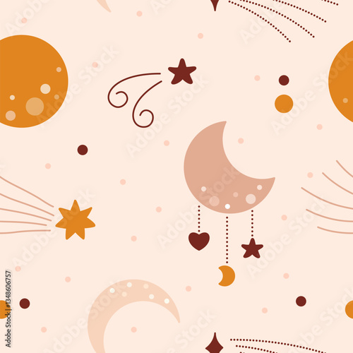 Bohemian baby seamless pattern with kawaii crescent moon star heart.