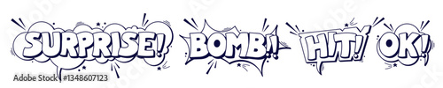 Black and white speech bubbles surprise bomb hit ok.