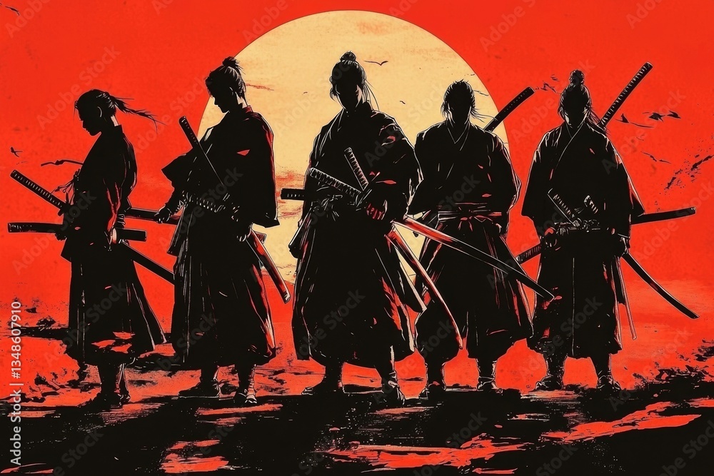 Obraz premium An artistic representation featuring samurai warriors poised with their katanas, embodying an anime theme.