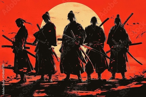 An artistic representation featuring samurai warriors poised with their katanas, embodying an anime theme.