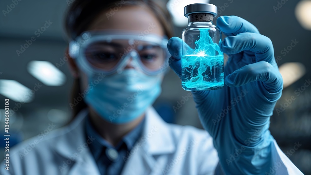 Scientist examines blue liquid in vial in laboratory setting during day Scientist examines blue liquid in vial in laboratory setting during day
