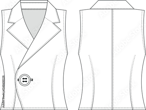 sleeveless collared buttoned darted tailored vest waistcoat template technical drawing flat sketch cad mockup fashion woman design style model 
