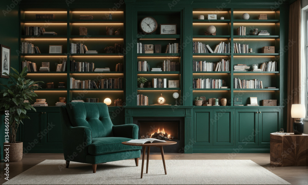 AI-assisted home library in deep emerald, with interactive bookshelves that suggest new reading materials based on past interests. The space AI-assisted home library in deep emerald, with interactive bookshelves that suggest new reading materials based on past interests. The space
