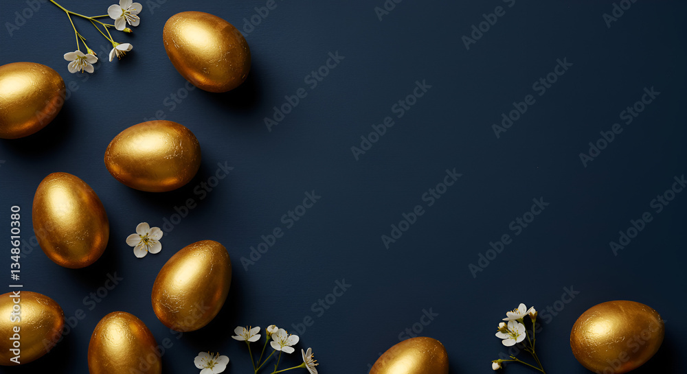 Naklejka premium Golden Easter Eggs and Pink Blossoms on Dark Blue Background for Spring Celebration