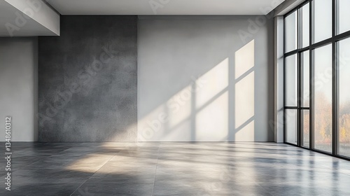 Minimalist Empty Room Interior with Gray Wall Concrete Flooring Modern Architecture Natural Light