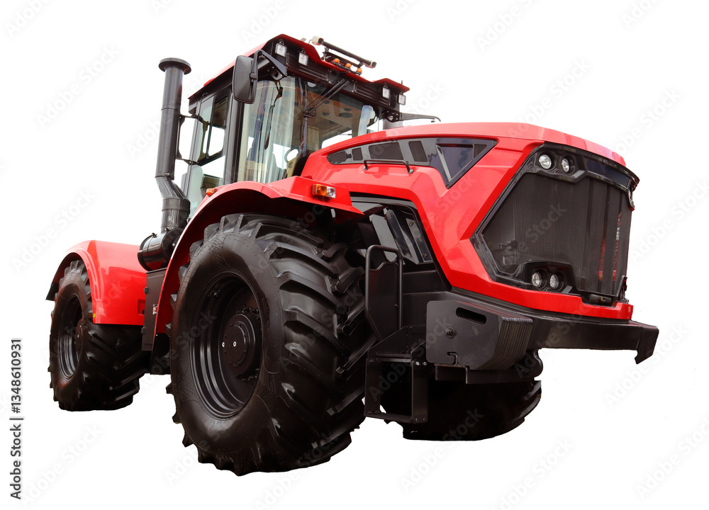 Obraz premium This powerful red tractor stands isolated, showcasing its robust design and modern technological features. Ideal for diverse agricultural activities, it represents efficiency in farming.