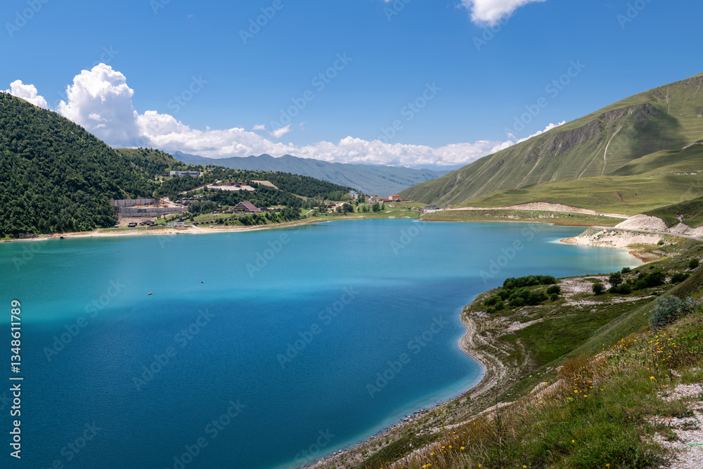 Naklejka premium The high-altitude lake Kezenoy—Am is the largest lake in the North Caucasus, located on the border of the Cheberloevsky district of the Chechen Republic and the Botlikhsky district of Dagestan, Russia