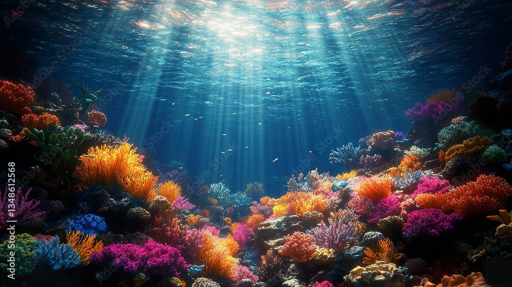 Sunlight illuminating a vibrant underwater coral reef scene beautifully Sunlight illuminating a vibrant underwater coral reef scene beautifully
