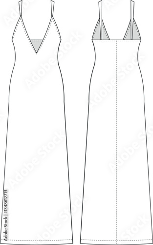 sleeveless strappy strapped shoulder straps deep v neck halter neck a line long maxi midi dress template technical drawing flat sketch cad mockup fashion woman design style model 
