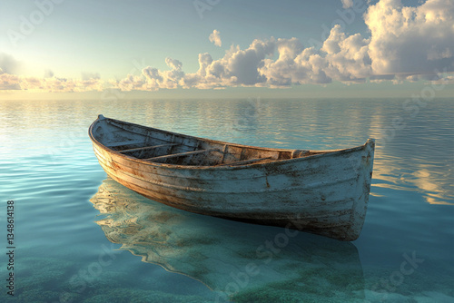Serene Yellow Boat Floating Peacefully on Still Ocean Waters with Beautiful Cloudy Skies Above.
