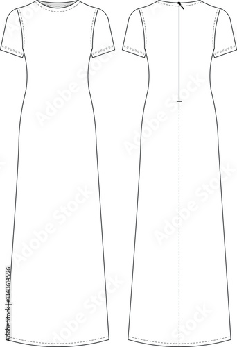 round neck short sleeeves zippereda line straight long maxi dress template technical drawing flat sketch cad mockup fashion woman design style model 
