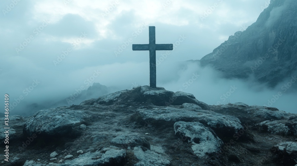 Stone Cross Atop Foggy Mountain Peak Stone Cross Atop Foggy Mountain Peak
