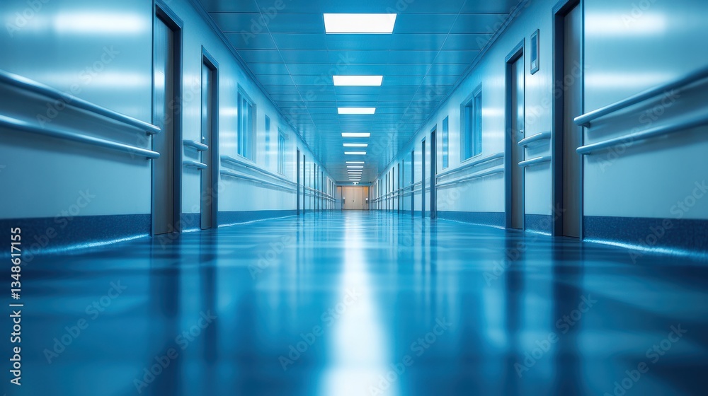 A Long Hospital Corridor: Sterile, Calm, and Blue A Long Hospital Corridor: Sterile, Calm, and Blue