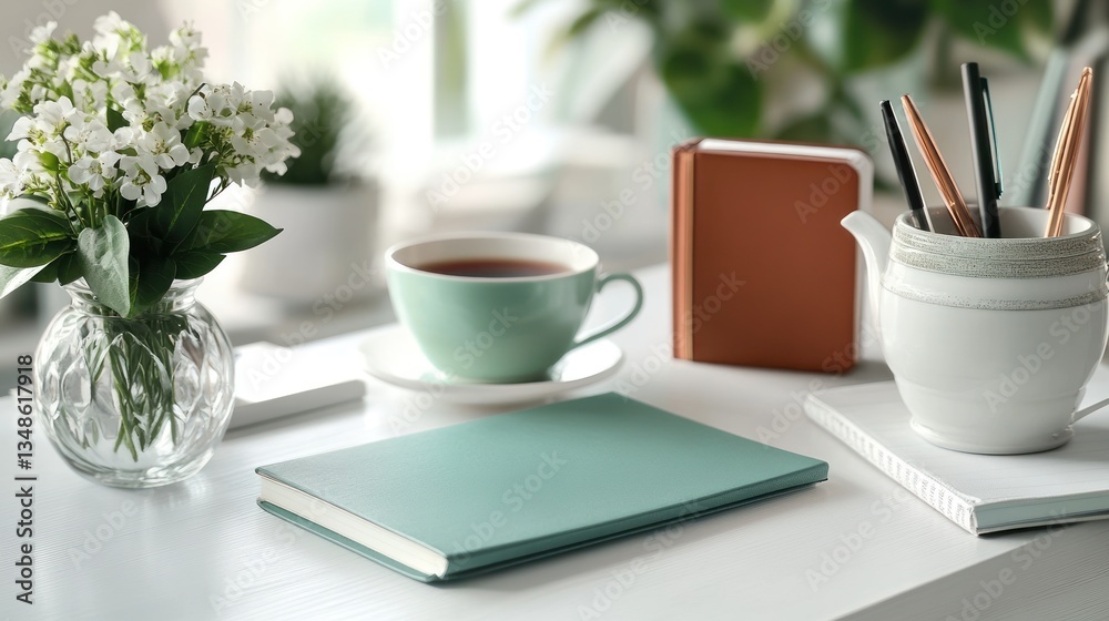 Desk workspace with tea, flowers, and notebooks Desk workspace with tea, flowers, and notebooks