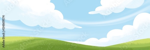 A minimalist digital landscape featuring a wide sky panorama, large soft clouds, and a grass field below.Т
