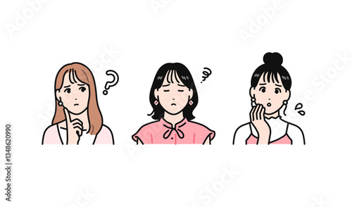 悩むオシャレな若い女性3人のシンプルなベクターイラストセット