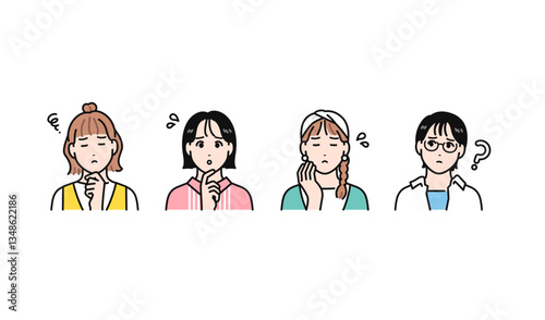 悩む若い女性4人のシンプルなベクターイラストセット