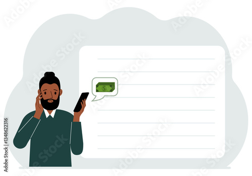 A man holds a phone to which a message about money has arrived. The concept of online earnings, income generation.