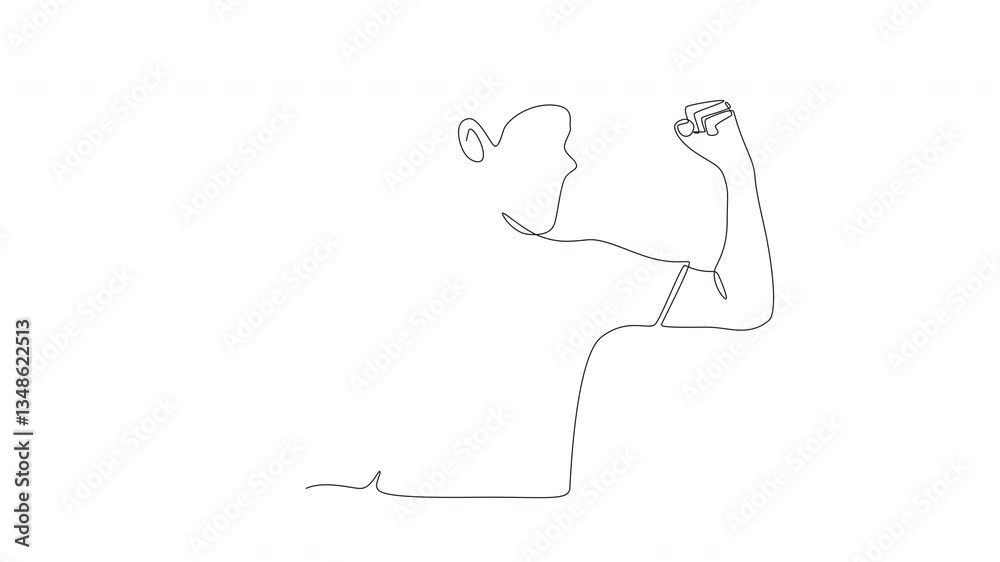 Animated man drinks juice while showing off muscles from keto diet. Keto concept one-line drawing Animated man drinks juice while showing off muscles from keto diet. Keto concept one-line drawing