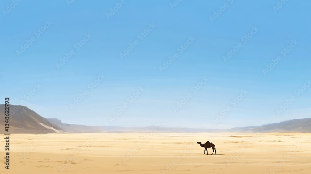 Lone camel trekking vast desert under clear sky Lone camel trekking vast desert under clear sky