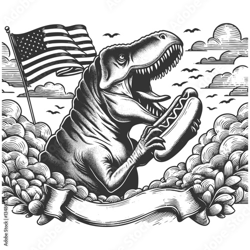 T-Rex Eating Hot Dog with American Flag vector