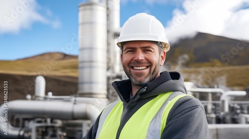 The confident worker poses with a backdrop of geothermal infrastructure, highlighting the human role in sustainable energy production and industrial safety.

