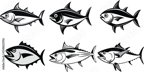 Black and White Tuna Fish Vector Set – Stylized Fishing Illustrations