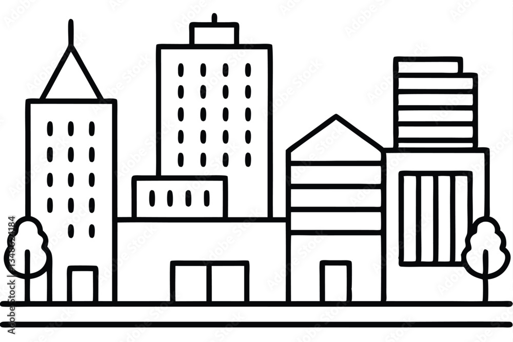 Fototapeta premium Cityscape Outline HandDrawn Buildings, Trees, Black and White, Simple, Minimalist