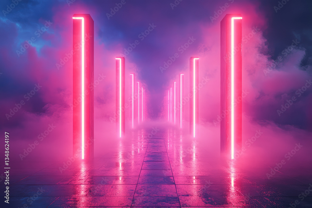 Fototapeta premium Mesmerizing landscape with glowing neon columns illuminating a foggy path through a mystical valley at twilight