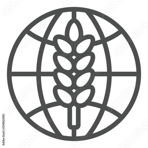 World globe with wheat plant line icon, wheat production concept. Vector graphics. Planet with ear of wheat sign on white background, outline style icon for mobile or web design.