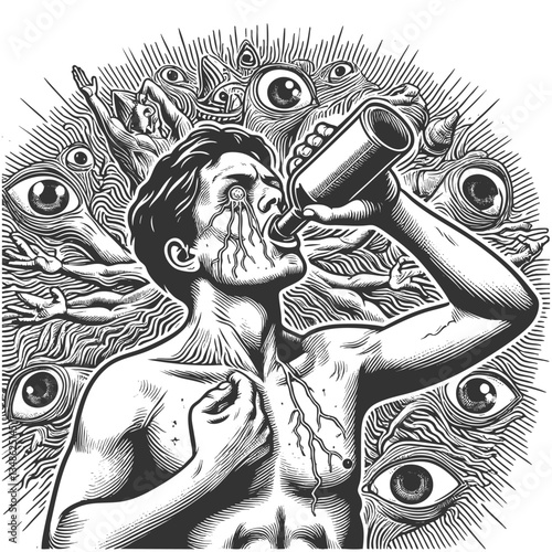 Man sees Surreal Hallucination vector illustration