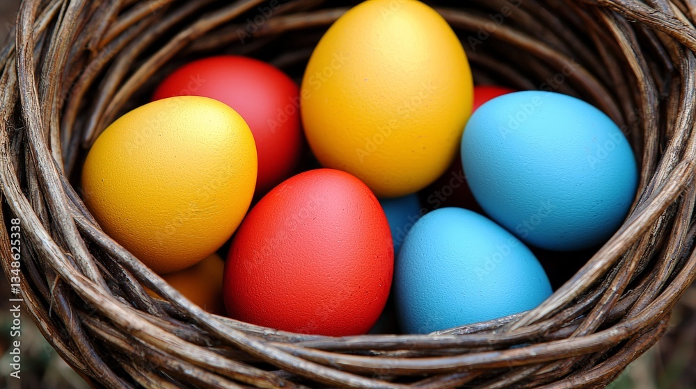 Colorful Easter eggs arranged in a woven bird nest featuring striking contrast between bold primary colors and natural textures evoking holiday traditions Colorful Easter eggs arranged in a woven bird nest featuring striking contrast between bold primary colors and natural textures evoking holiday traditions