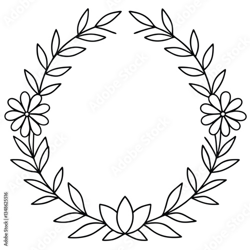 Wallpaper Mural Elegant Floral Circle with Flower, Lotus, and Leaves, Black Outline, Isolated Torontodigital.ca