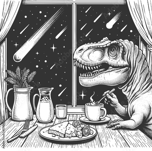 T-Rex Enjoying Breakfast as Meteor Approaches
