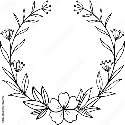 Wallpaper Mural Floral Wreath Outline with Blossom Flower, Leaves, Berries and Branches in Black Ink Torontodigital.ca