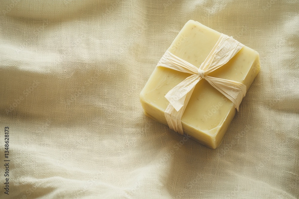 Elegant Handmade Soap Bars Wrapped in Kraft Paper on Linen Cloth Elegant Handmade Soap Bars Wrapped in Kraft Paper on Linen Cloth