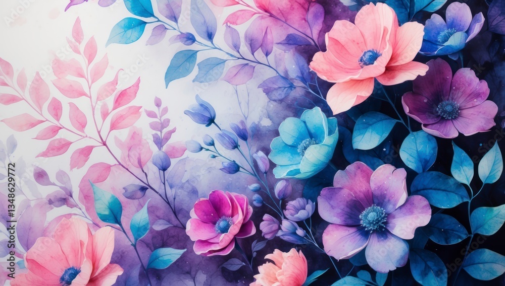 Obraz premium Stunning Watercolor Floral Art Print Pastel Pink Blue Purple Flowers
