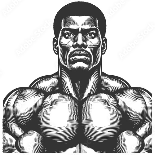 strong, muscular man african-american with a focused expression, symbolizing confidence, power, and athleticism sketch engraving generative ai vector illustration. Scratch board. Black and white image