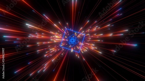 Abstract background in blue and orange neon glow colors. Speed of light in galaxy. Explosion in universe. Cosmic background for event, party, carnival, celebration, anniversary or other.