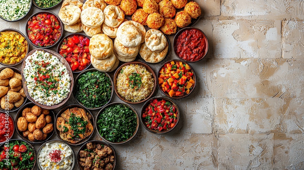 Fototapeta premium Traditional Middle Eastern snacks and spices arranged on a textured stone surface creating a rich and immersive cultural food experience