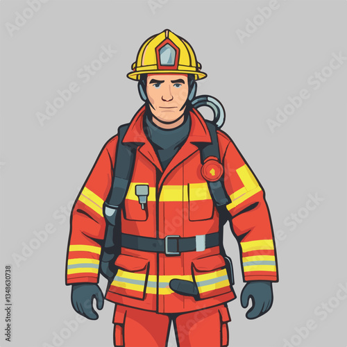 fireman, safety, emergency, firefighter, danger, rescue, fire, man, fighter, uniform, equipment, protection, helmet, service, flame, burn, water, profession, extinguisher, vector, red, hose, backgroun
