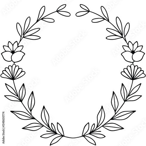 Minimalist Black Outline Flower and Leaf Wreath, HandDrawn Botanical Design