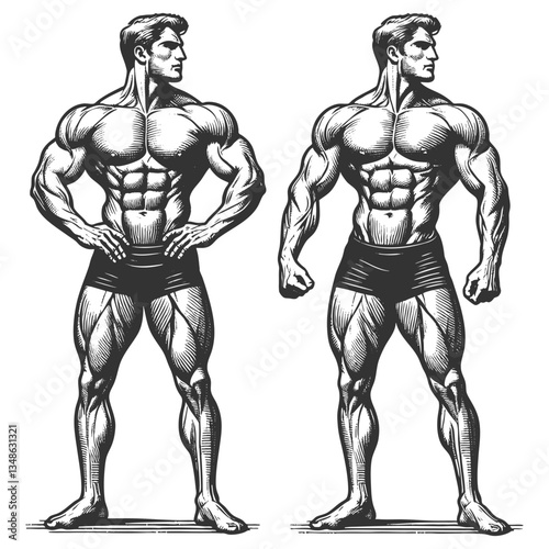 two muscular bodybuilders posing, showcasing detailed anatomy, strength, and classic physique aesthetics sketch engraving generative ai vector illustration. Scratch board. Black and white image.