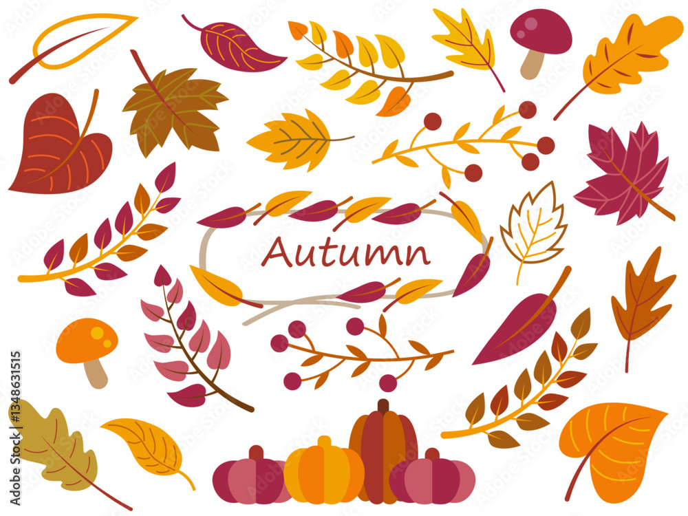 Obraz premium 植物■秋の葉のイラストセット■グリーンリーフ