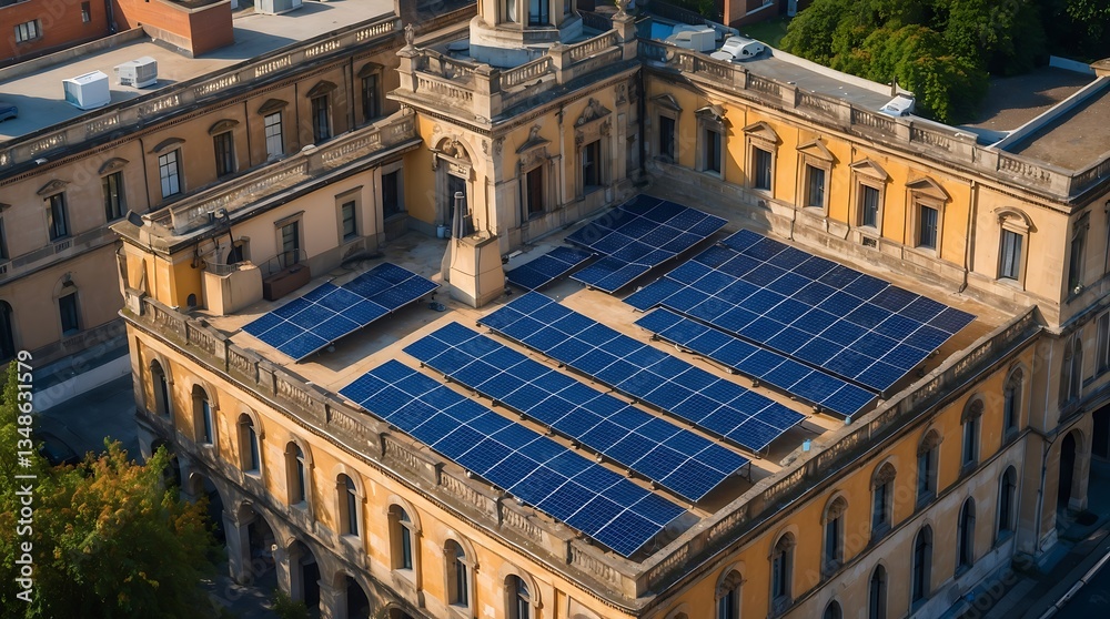 Fototapeta premium Historic building features solar panels addressing climate change efforts