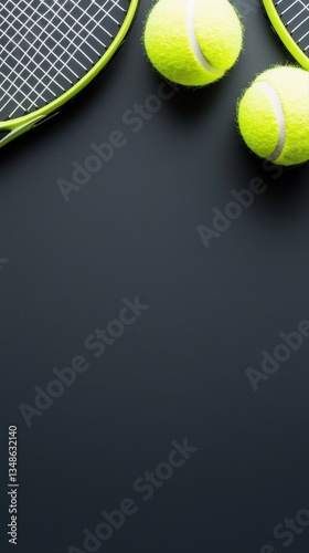 Two tennis balls and the top portions of two tennis rackets on a dark gray background with ample empty space below for creative design and layout use