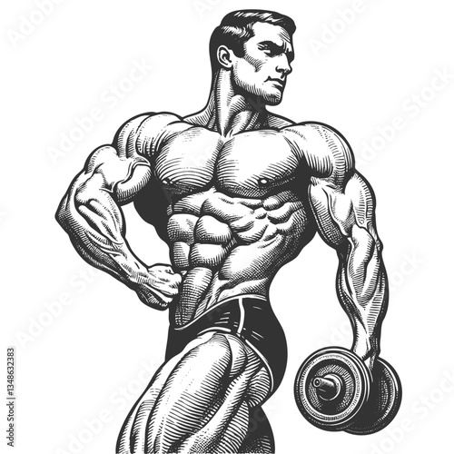 muscular bodybuilder posing confidently while holding a dumbbell, showcasing strength, fitness, and detailed anatomy sketch engraving generative ai vector illustration. Scratch board. Black and white.