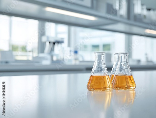Two Erlenmeyer flasks with light amber liquid on a clean lab bench in a bright modern laboratory, showcasing advanced scientific research environment