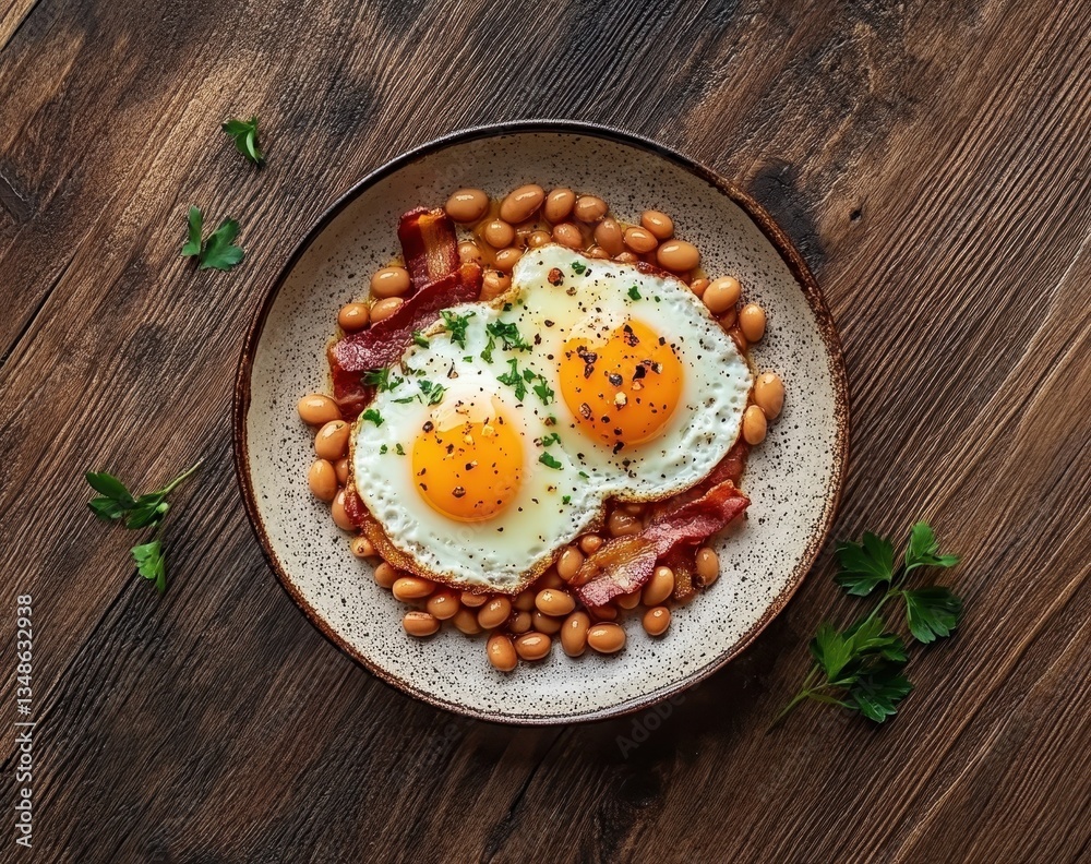 Scrumptious breakfast featuring fried eggs, crispy bacon, and baked beans beautifully presented on a rustic plate with fresh herbs on a wooden table